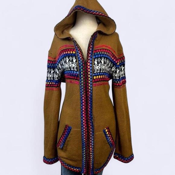 Alpaca Connection Peruvian Zip Up Hoodie Sweater XL Multicolor Boho Womens - Picture 1 of 11